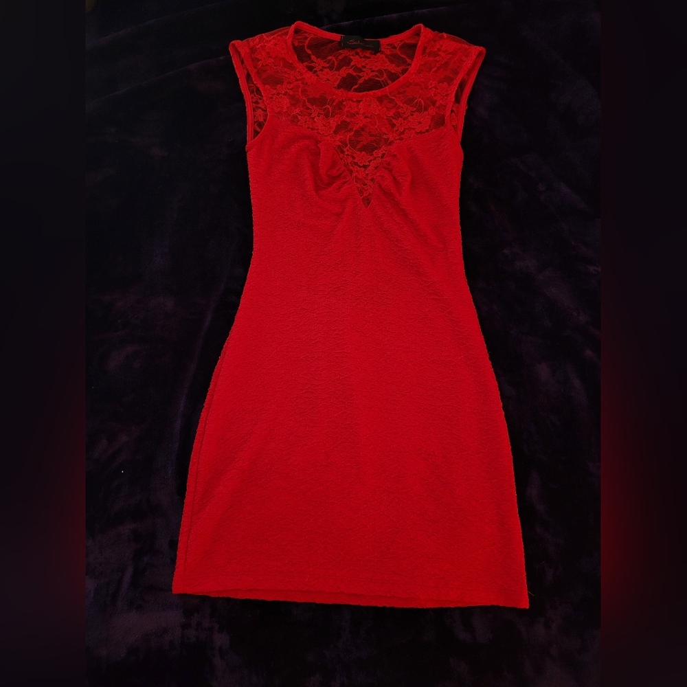 Red form fitting lace dress